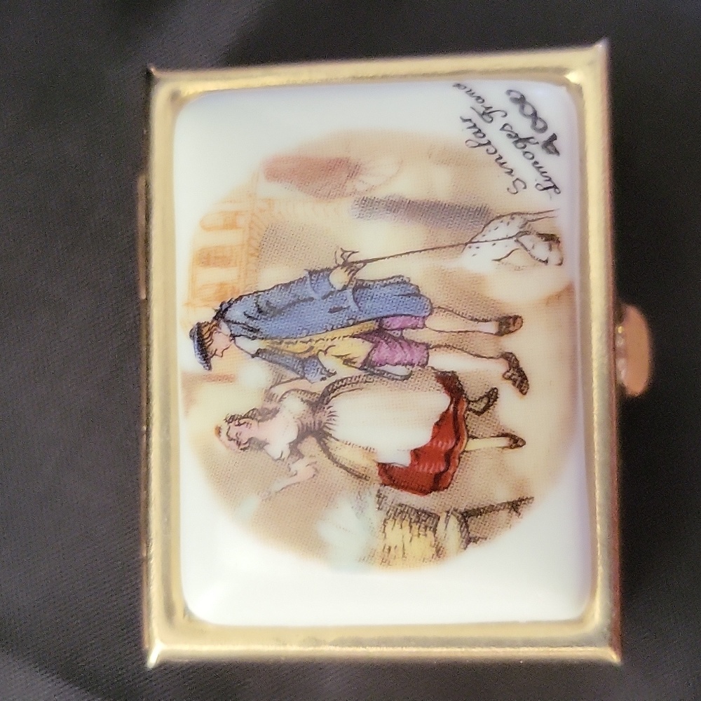 Limoges Pill box Trinket box Romantic couple walk with dog